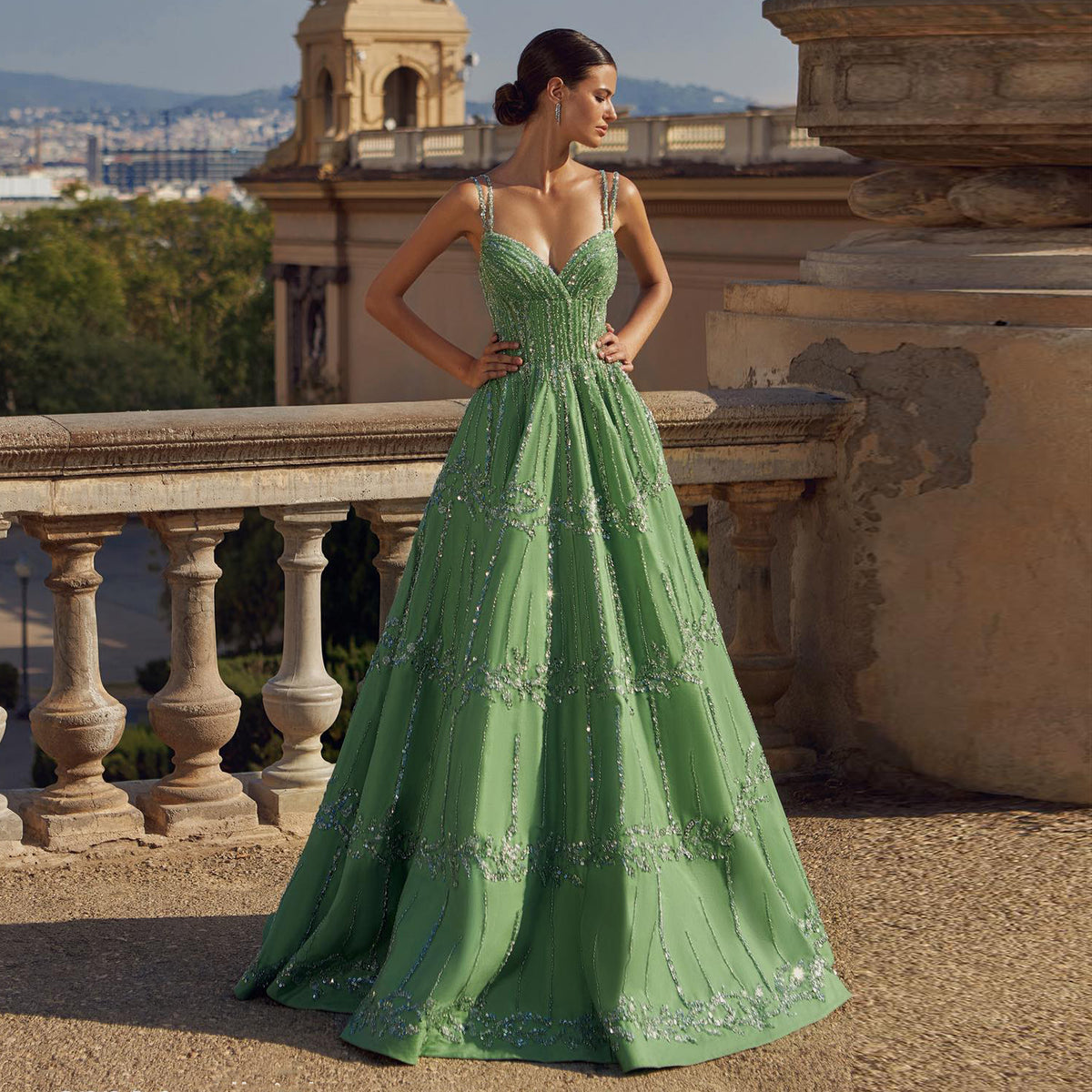 Sharon Said Luxury Beaded Dubai Green Evening Dresses with Spaghetti Straps Arabic Women Wedding Party Gowns SS225