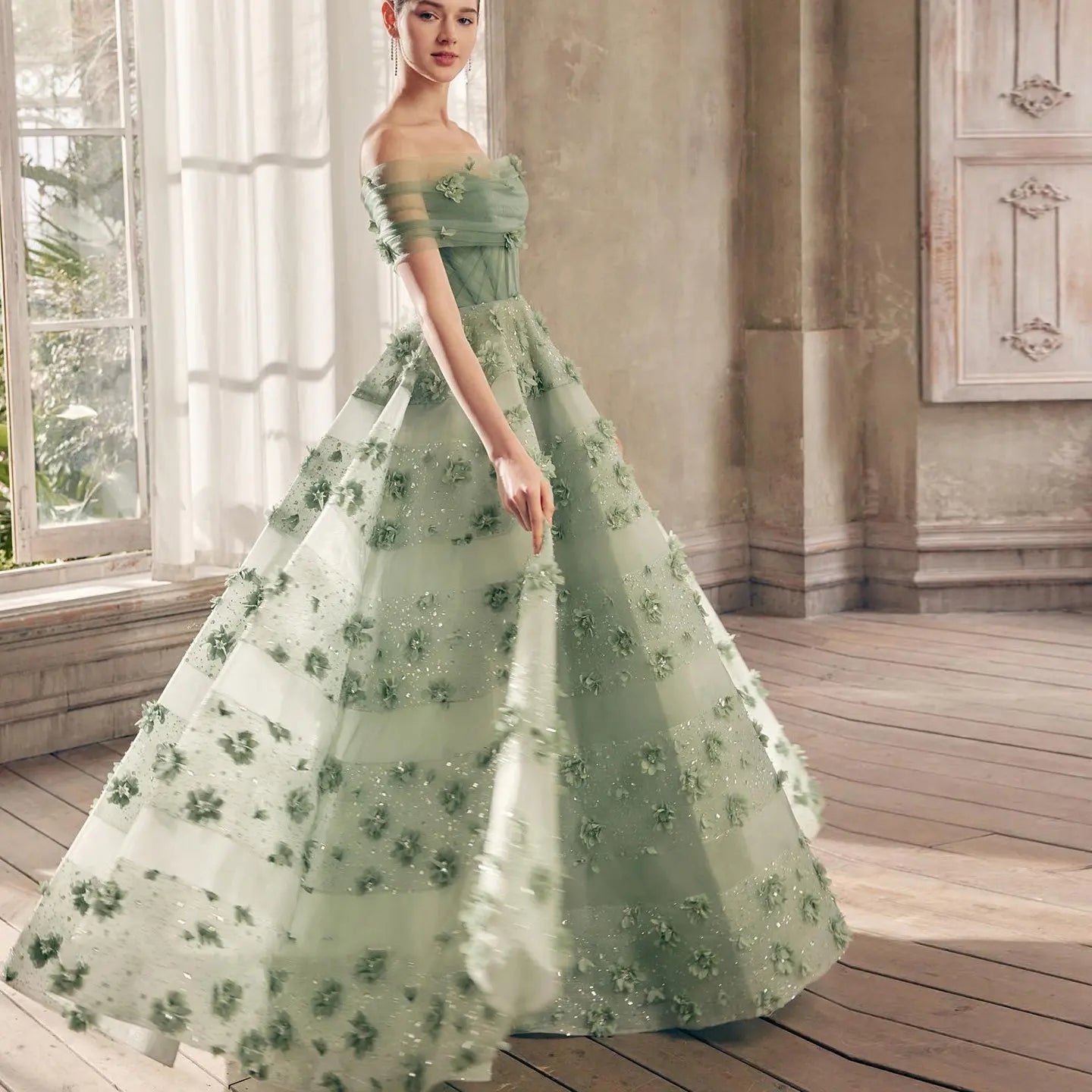 Luxury Sage Green 3D Flowers Dubai Evening Dress with Cape SS346