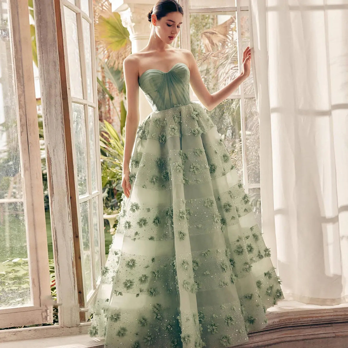Final Sale Sage Green 3D Flowers Dubai Evening Dress with Cape SS346 Final Sale Sage Green 3D Flowers Dubai Evening Dress with Cape SS346