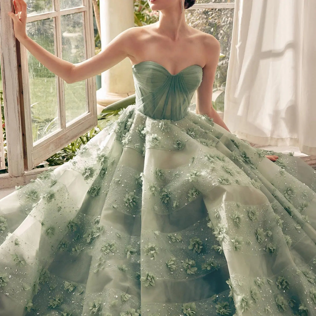 Final Sale Sage Green 3D Flowers Dubai Evening Dress with Cape SS346 Final Sale Sage Green 3D Flowers Dubai Evening Dress with Cape SS346