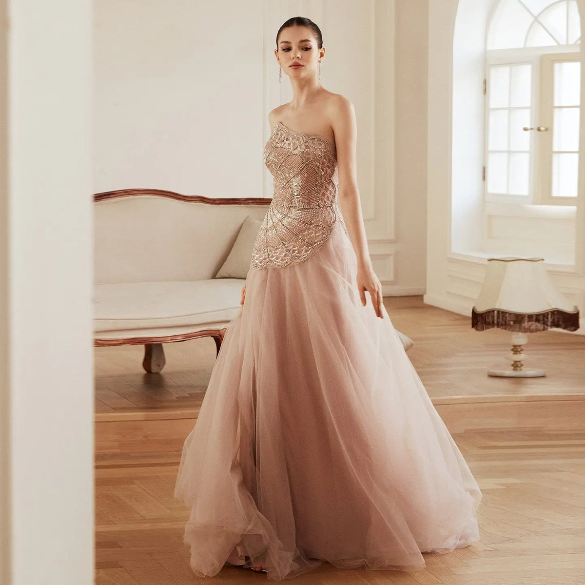 pearl pink wedding dress Long Pink Formal Dress with Pearls Sage / 10
