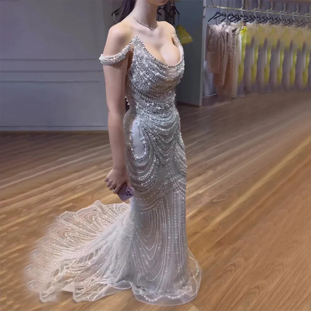 Sharon Said Luxus Kristall Silber Grau Meerjungfrau Dubai Abendkleider für Frauen Hochzeit Lange Schwarze Mädchen Abschlussball Party Kleider SS403