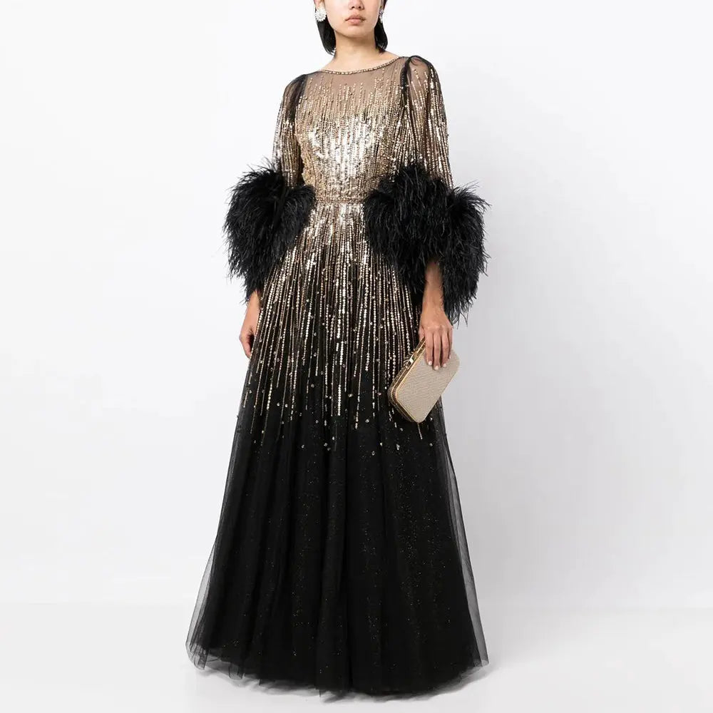 Luxury Feathers Black Half Sleeve Evening Dress SS339