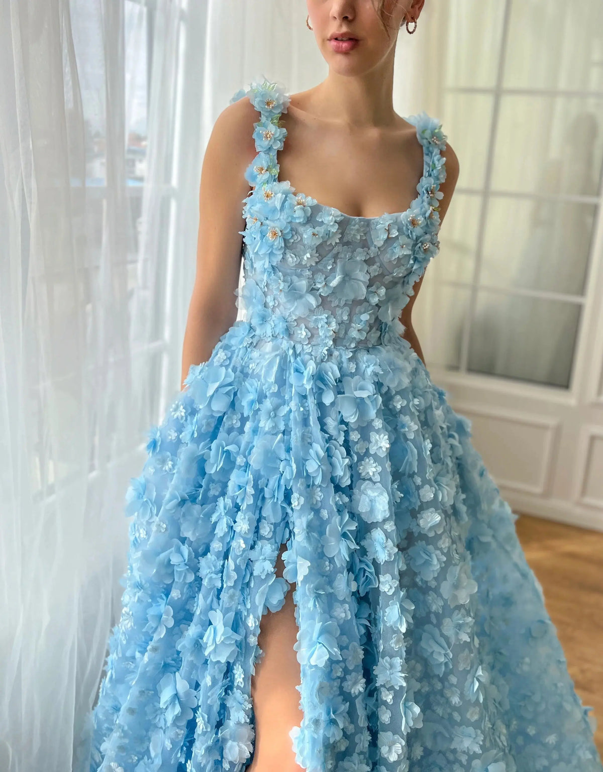3d embroidered flower dress Shirred 3d Sequin Embroidery Floral Maxi Bridesmaid Dress With Petal-adorned Straps In Celadon