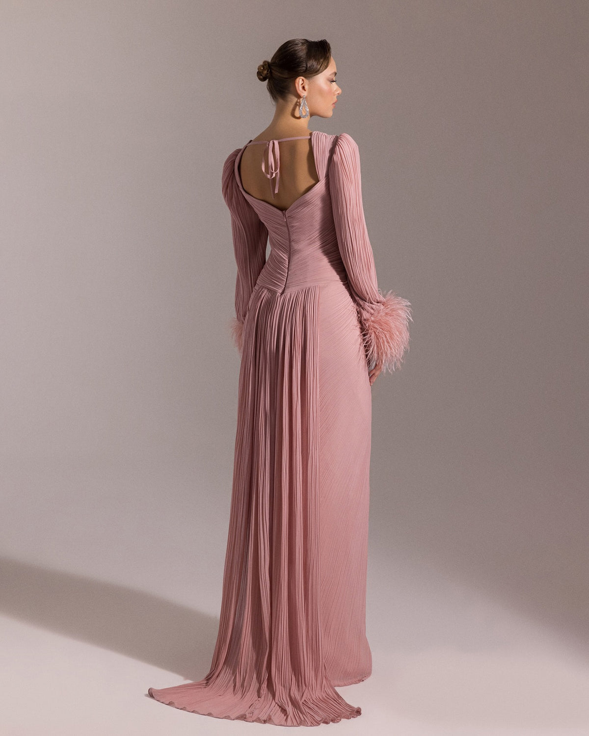 Luxury Feather Fuchsia Long Sleeves Evening Dress with Feathers and Overskirt SF411 