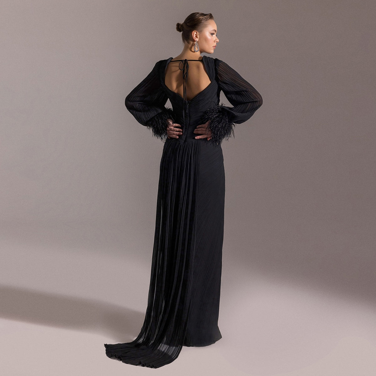 Luxury Feather Fuchsia Long Sleeves Evening Dress with Feathers and Overskirt SF411 