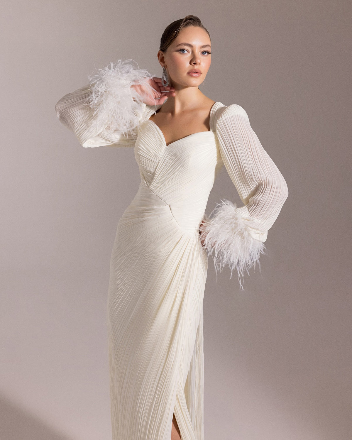 Luxury Feather Fuchsia Long Sleeves Evening Dress with Feathers and Overskirt SF411 