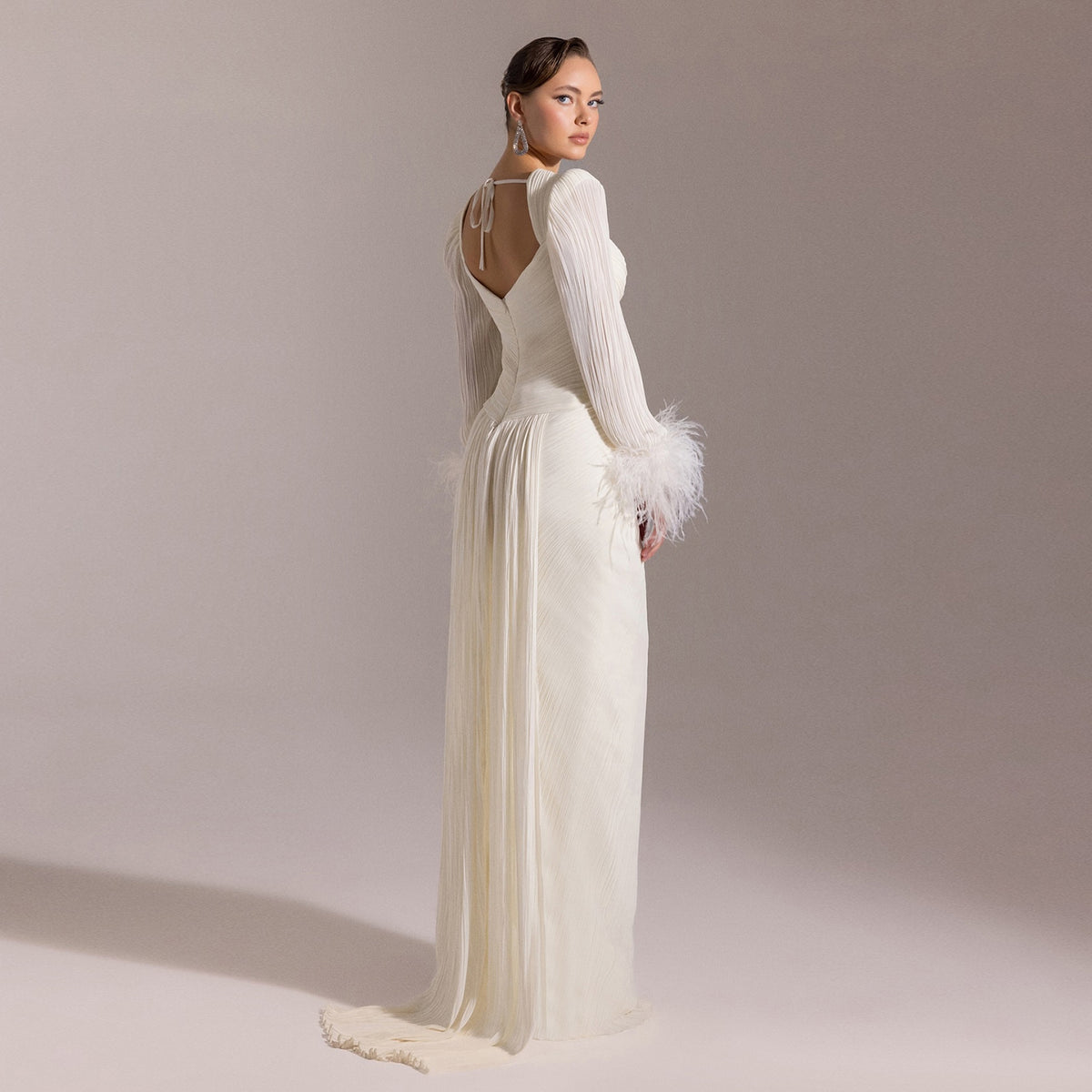 Luxury Feather Fuchsia Long Sleeves Evening Dress with Feathers and Overskirt SF411 