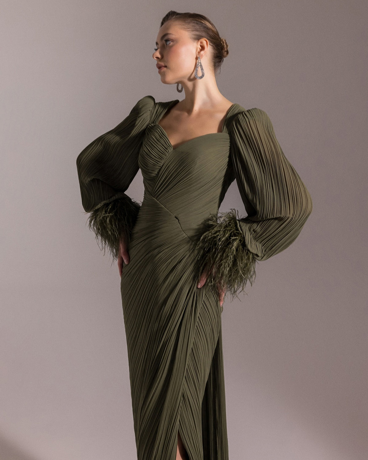 Luxury Feather Fuchsia Long Sleeves Evening Dress with Feathers and Overskirt SF411 