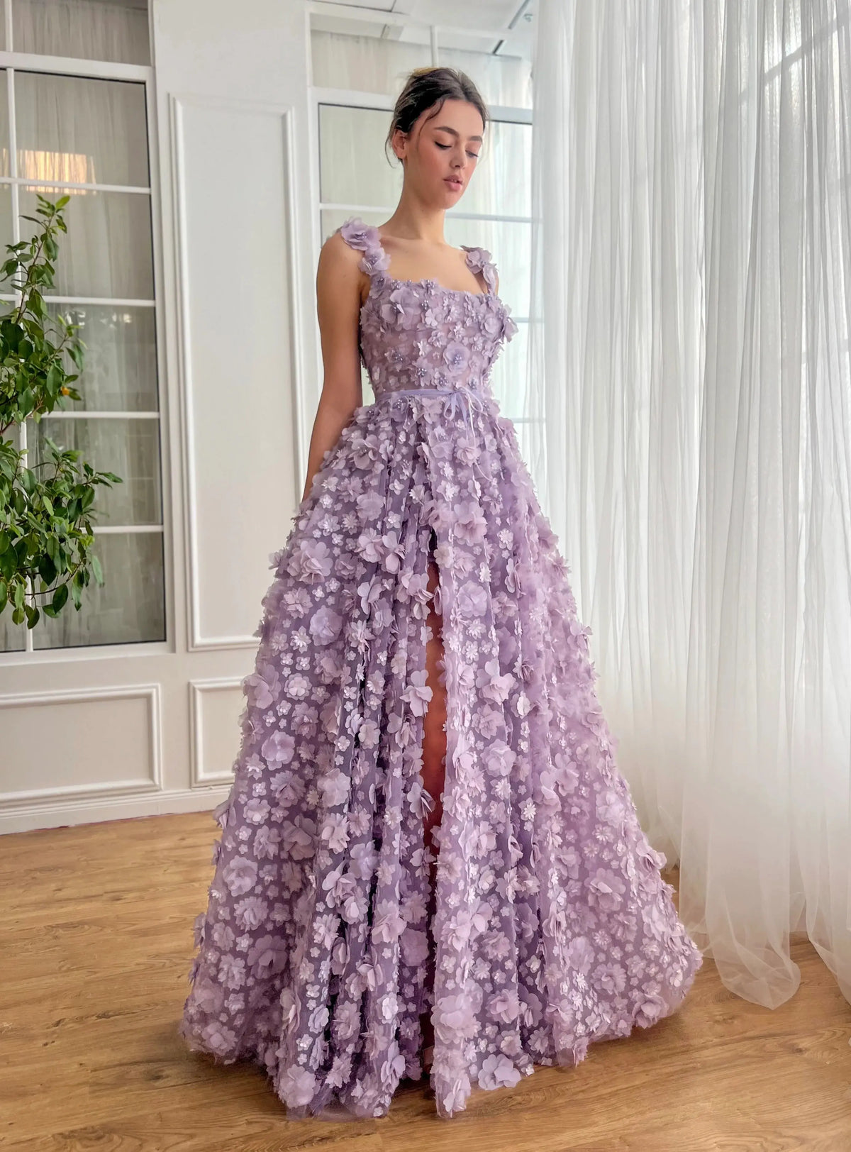 Chic Lilac 3D Embroidered Flowers Slit Evening Dress SS357 - SHARONSAID Chic Lilac 3D Embroidered Flowers Slit Evening Dress SS357 - SHARONSAID