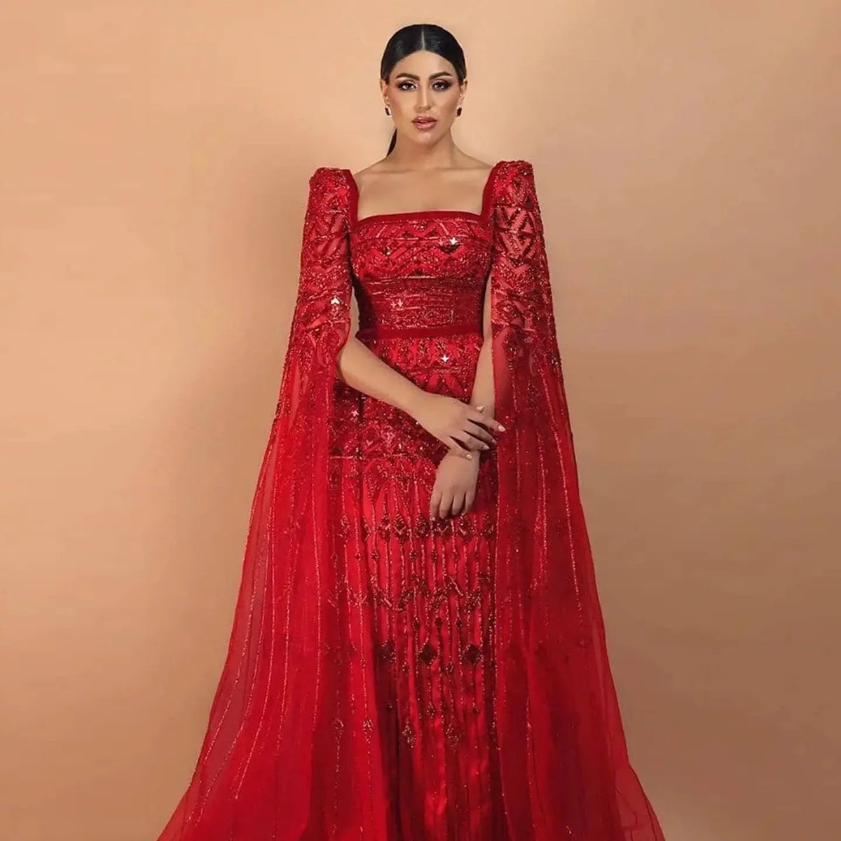 Wine Red Evening Dress with Cape Sleeves SS461