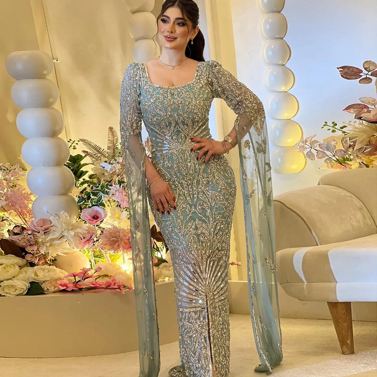 Luxury Turquoise Beaded Mermaid Evening Dress with Cape Sleeves SS469 Luxury Turquoise Beaded Mermaid Evening Dress with Cape Sleeves SS469