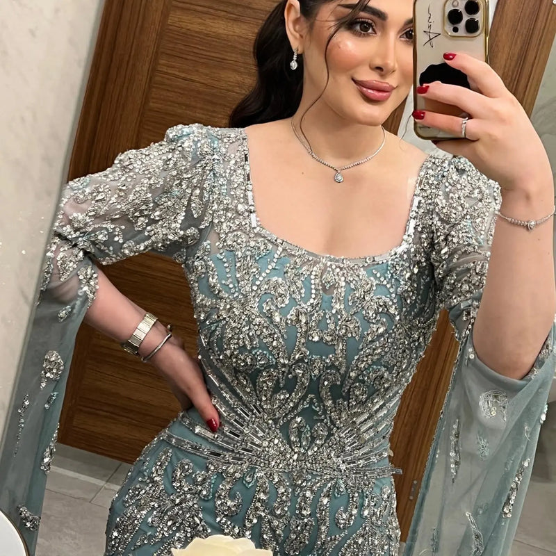 Luxury Turquoise Beaded Mermaid Evening Dress with Cape Sleeves SS469 