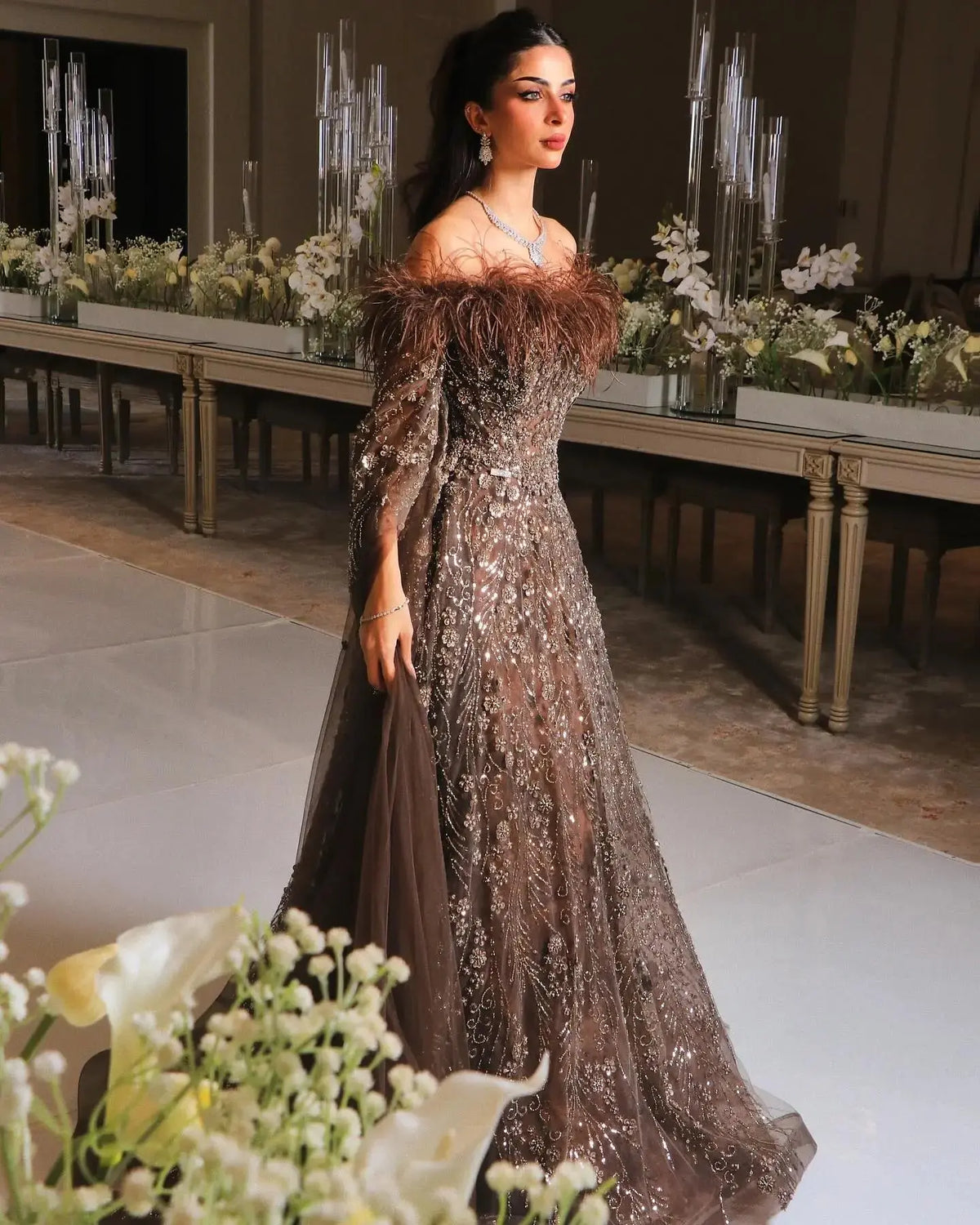 brown feather dress Modest Dresses - Effortlessly Luxe Brown Feather Cuff Midi Dress for Versatile Style