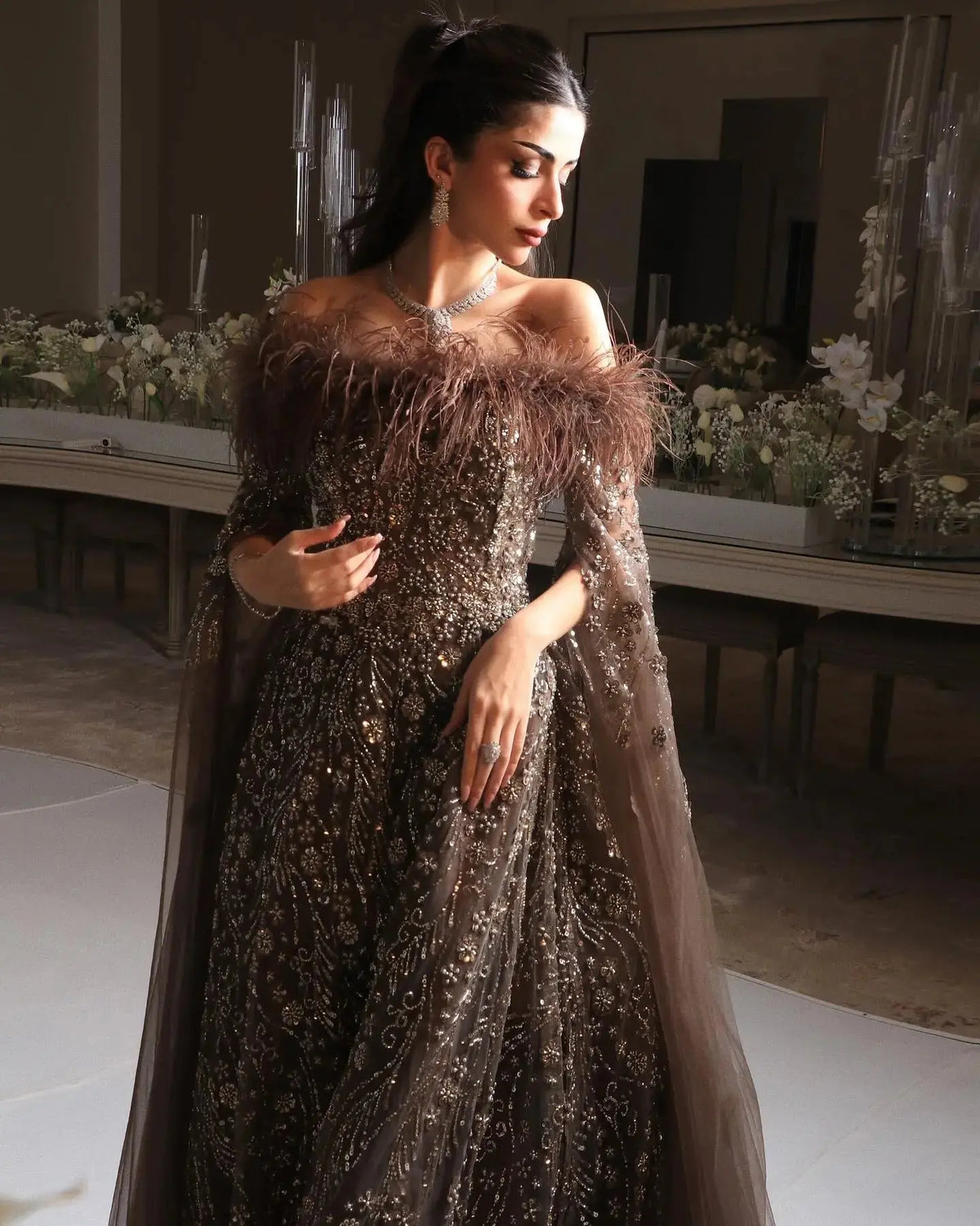 brown long sleeve off the shoulder dress Brown Lace Smocked Long Sleeve Off Shoulder Maxi Dress