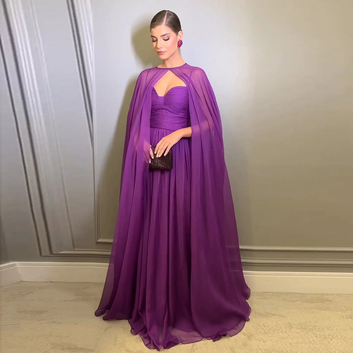 Elegant Purple Chiffon Evening Dress with Cape SF002 