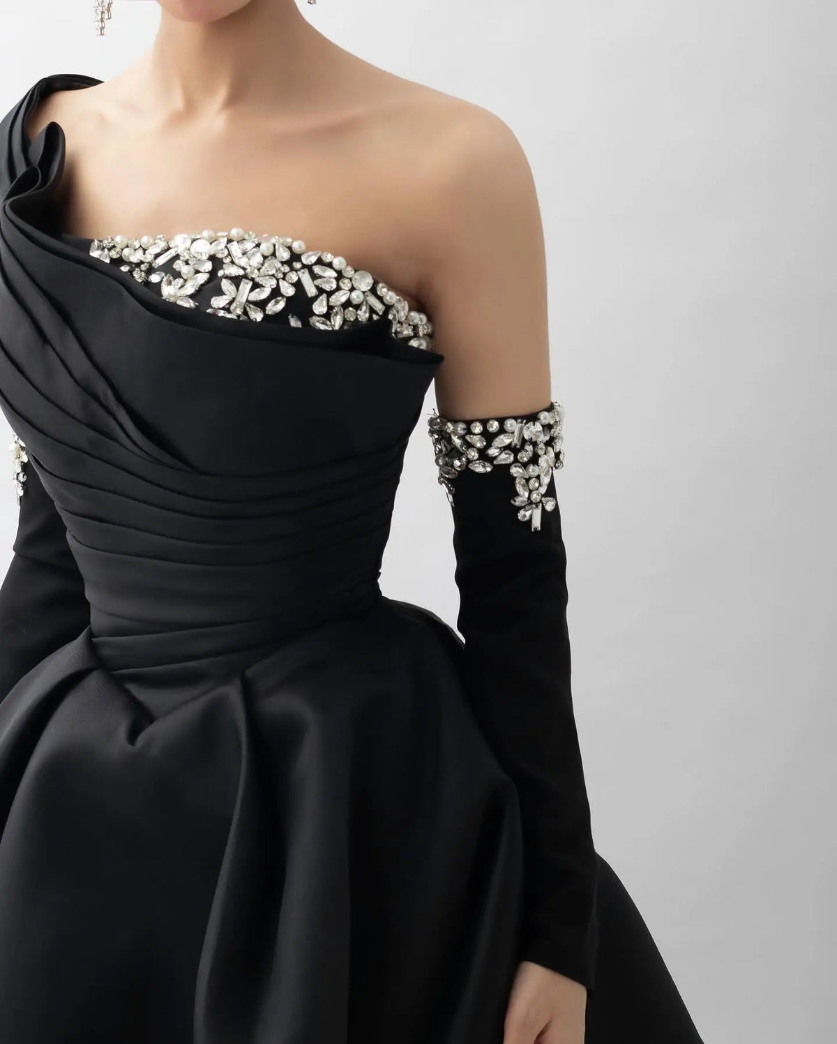 Elegant Black Satin Crystal One Shoulder Evening Dress SF272 