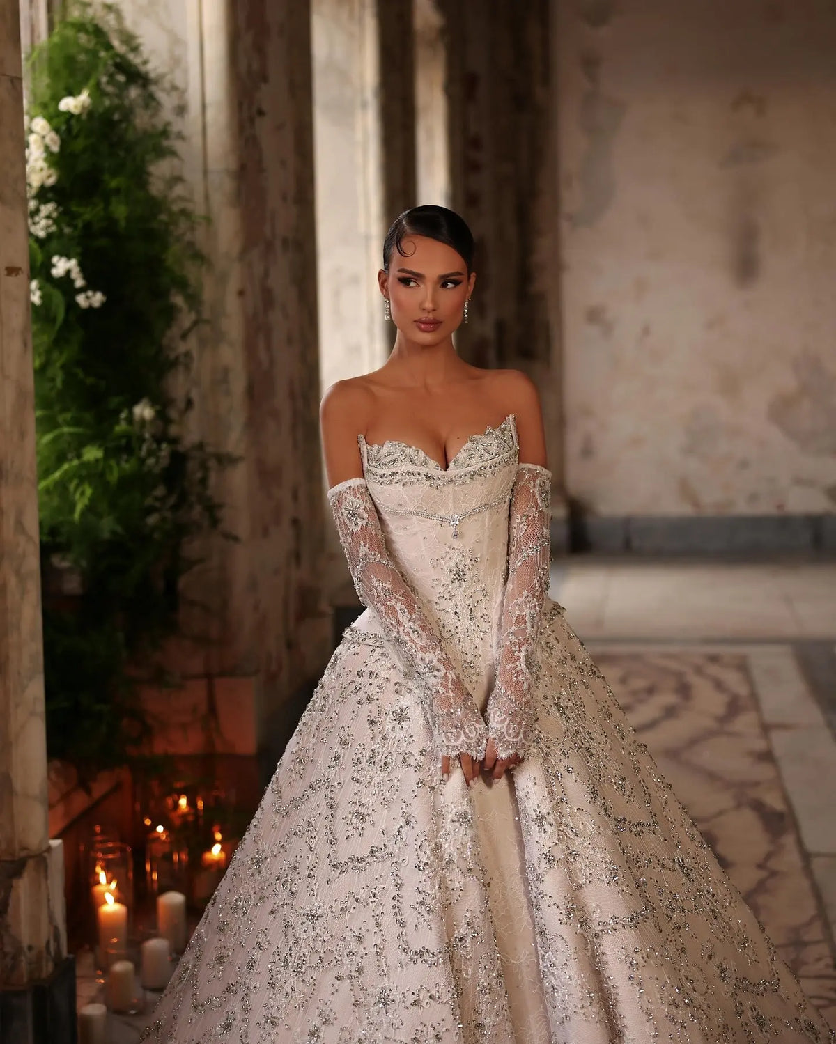 beaded floral wedding dress See Through Beaded Floral Lace Long Sleeve Boho Wedding Dresses,MW269