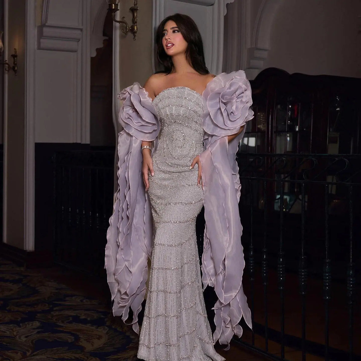 Luxury Lilac Strapless Evening Dress with 3D Flower Ruffles SS246 