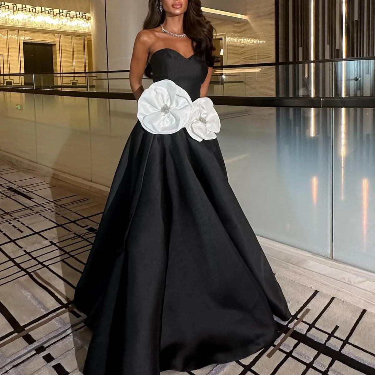 Elegant Black 3D Flowers Strapless A-Line Evening Dress SF092 - SHARONSAID Elegant Black 3D Flowers Strapless A-Line Evening Dress SF092 - SHARONSAID
