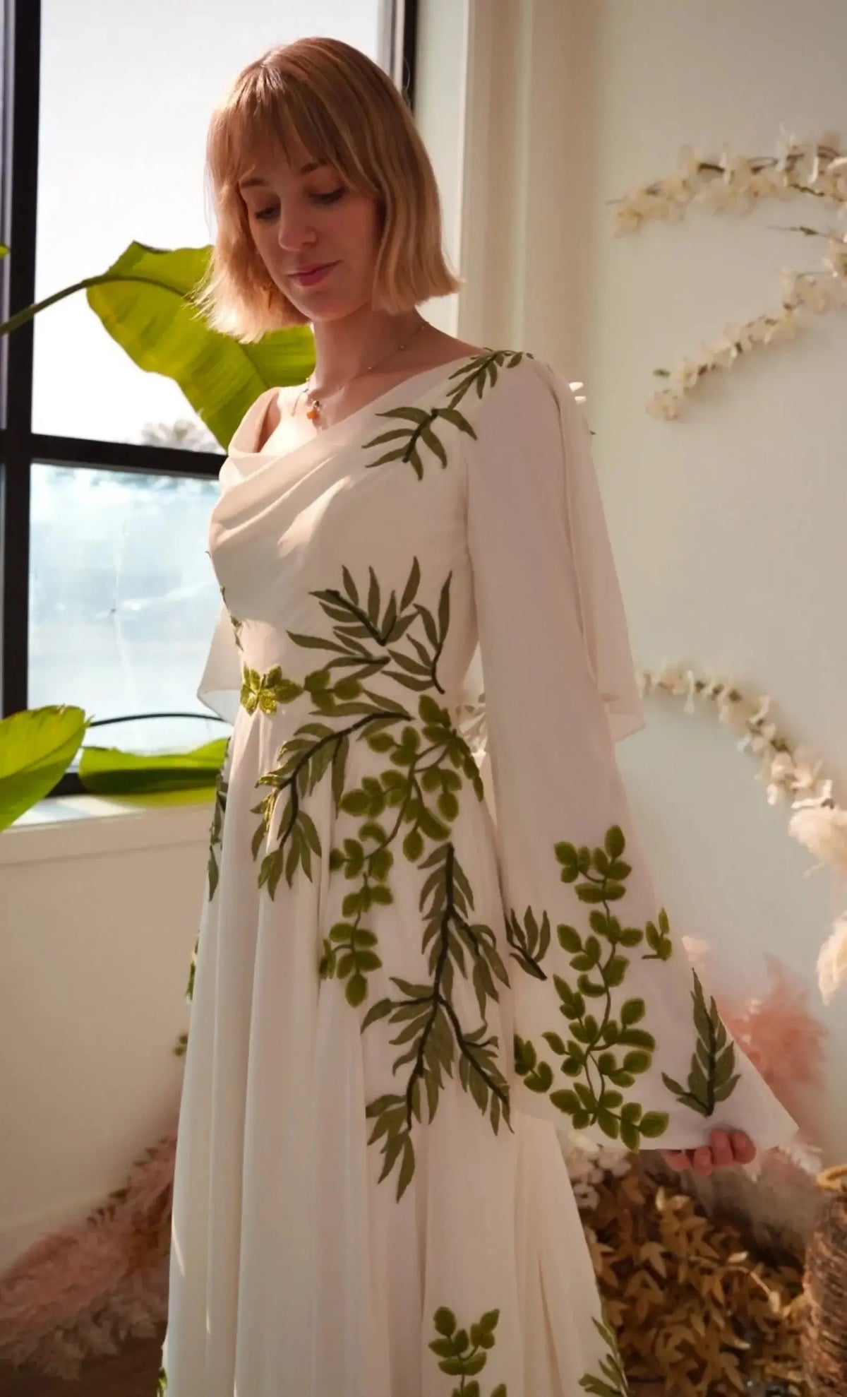 white dress with a touch of green Green Leaf Embroidered White Tulle Gown with V-Neck and Flutter Sleeves Ivory / Above Knee / Custom Size