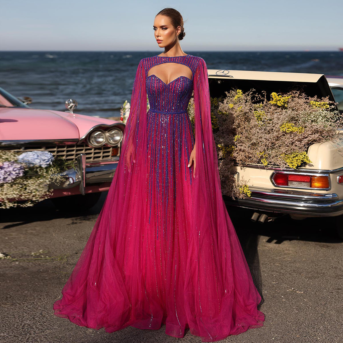 Sharon Said Luxus Dubai Fuchsia Abendkleid mit Cape-Ärmeln 2024 Smaragdgrün Arabische Frauen Hochzeitspartykleider SS386