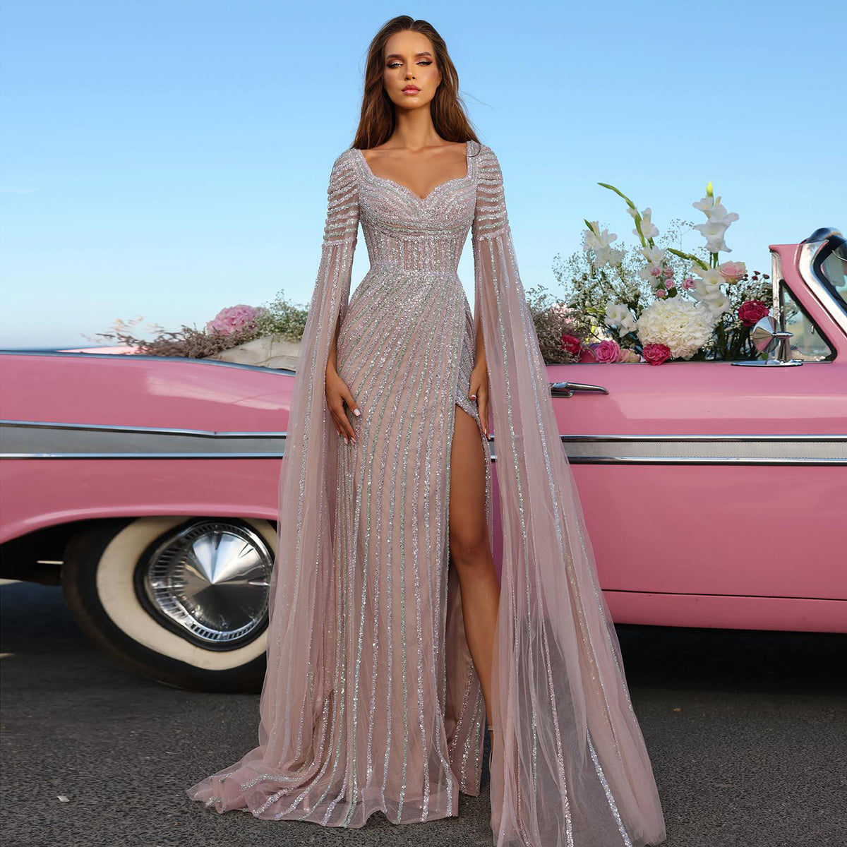 Sharon Said Luxury Beaded Pink Mermaid Evening Dresses with Cape Sleeves Side Slit Arabic Women Long Wedding Party Gowns SS434