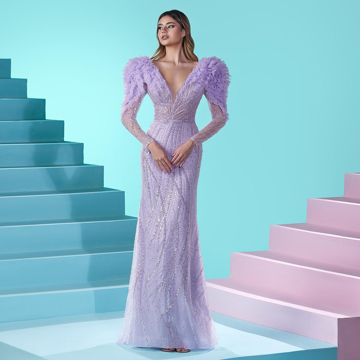 Sharon Said Luxury Dubai Long Sleeves Mermaid Lilac Evening Dress for Women Wedding Elegant V-Neck Blue Formal Party Gowns SS433