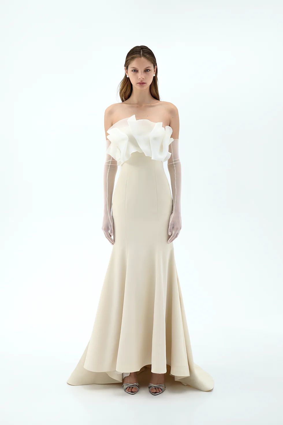 Elegant Beige Strapless Organza Layered Evening Dress SF087 