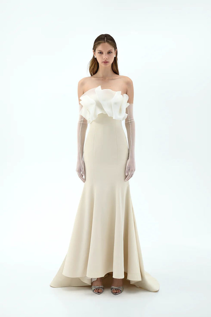 Elegant Beige Strapless Organza Layered Evening Dress SF087 