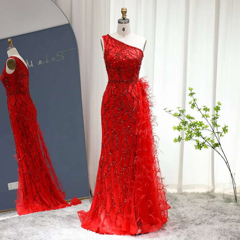 For Sale Luxury Feather One Shoulder Wine Red Mermaid Prom Evening Dress SS354L 