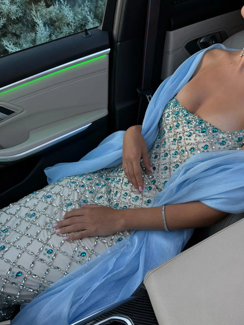 Luxury Blue Beaded Mermaid Evening Dress with Cape Sleeve and Choker SS506 