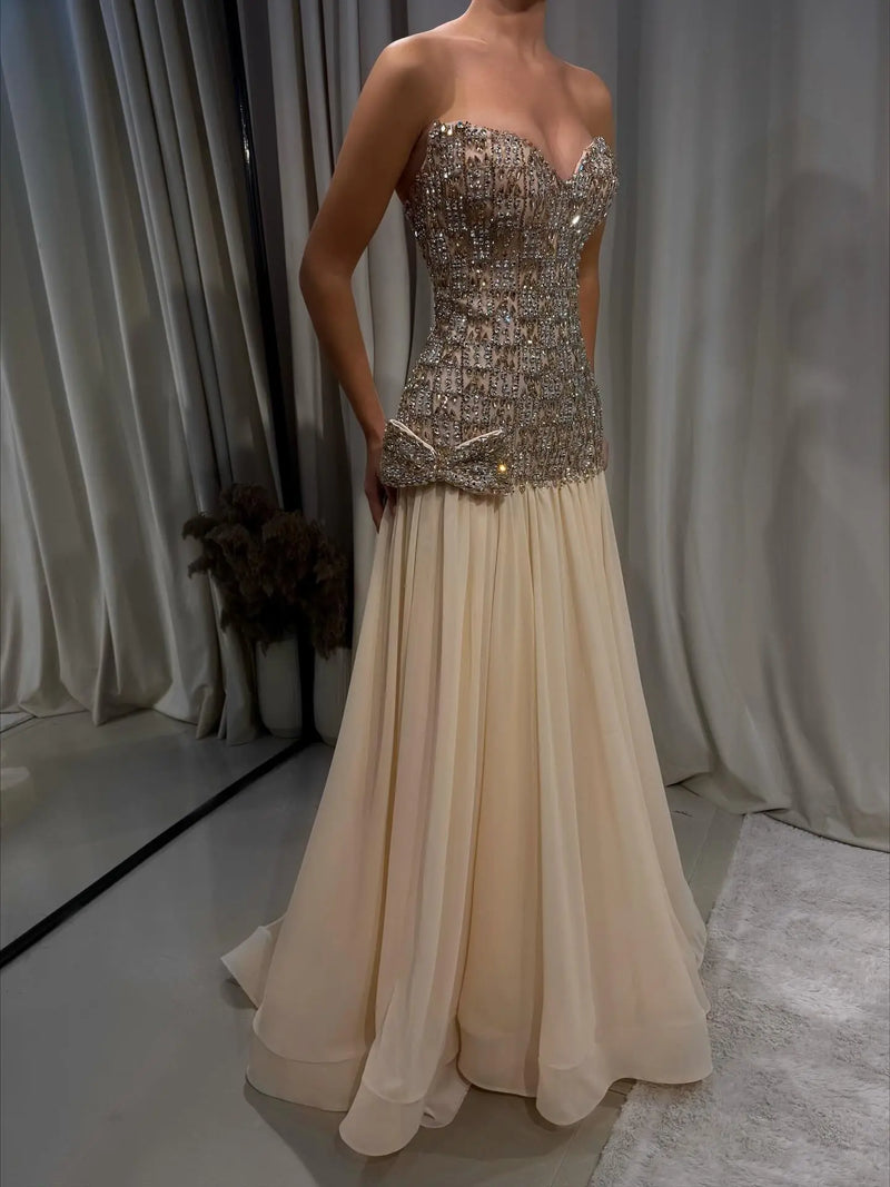Opulent Gold Strapless Beaded Corset Evening Dress with Choker SS504 