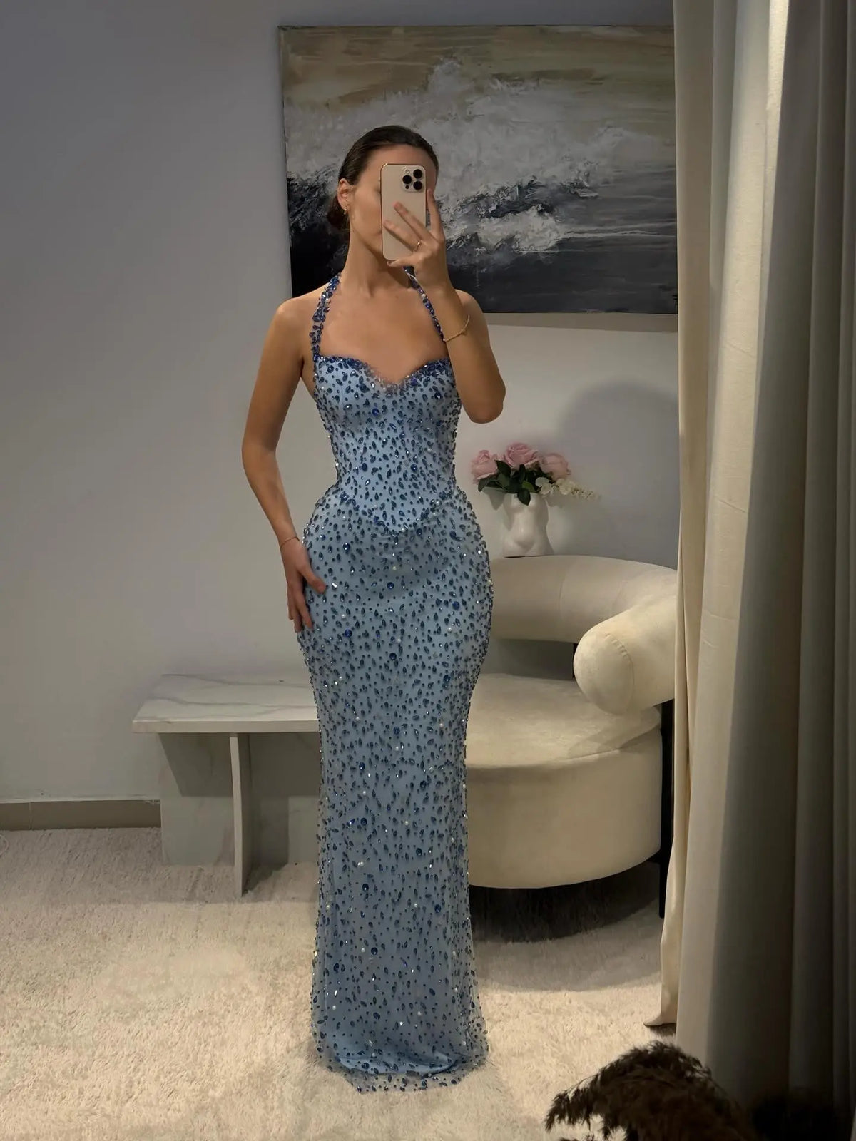 Luxury Blue Halter Neck Crystal Beaded Mermaid Evening Dress with Cape SS715