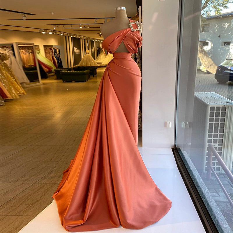 One Shoulder Orange Cocktail Party Dress with Overskirt RM014