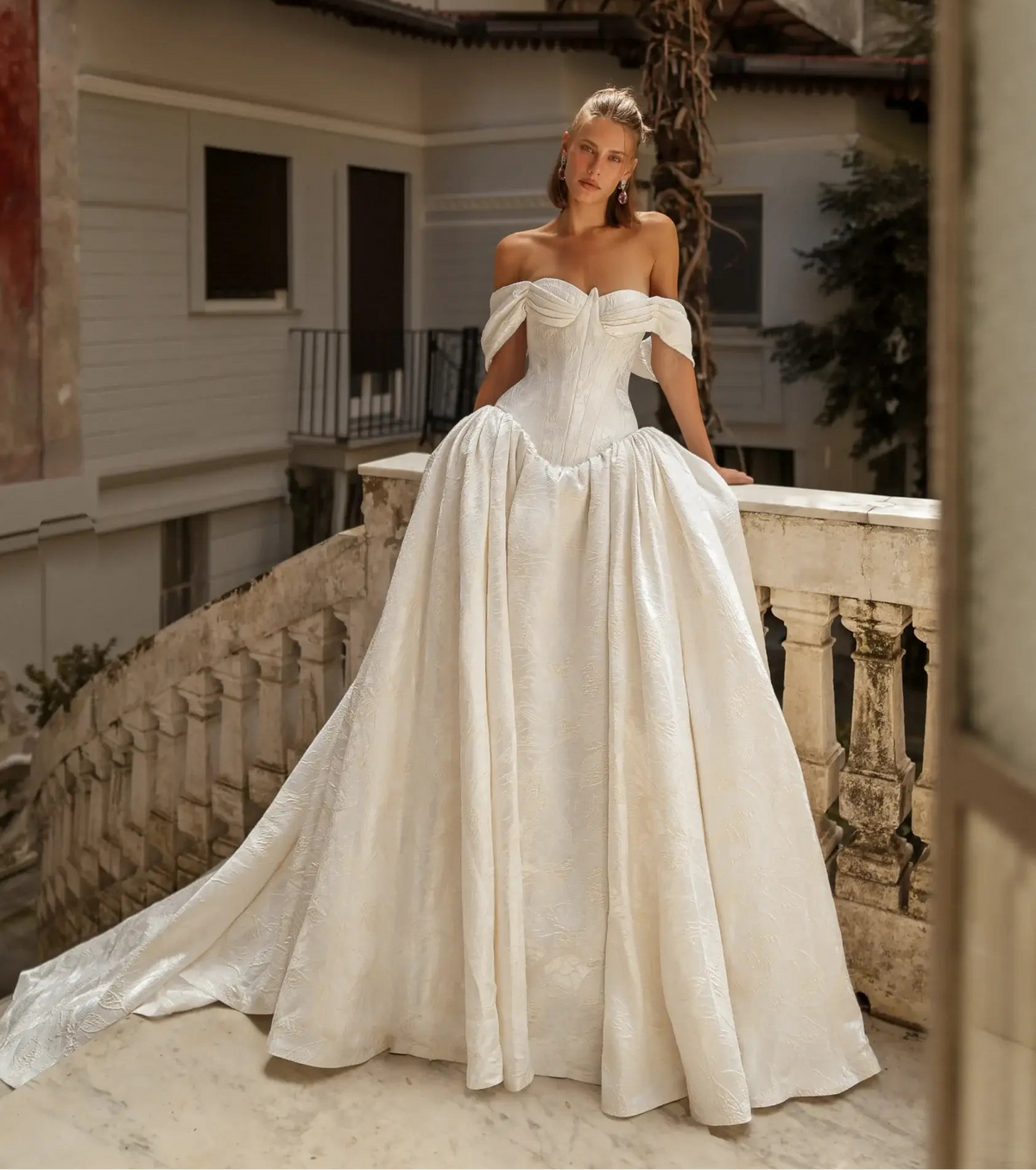 Romantic Satin Off-the-Shoulder Ball Gown Wedding Dress with Train SW181 