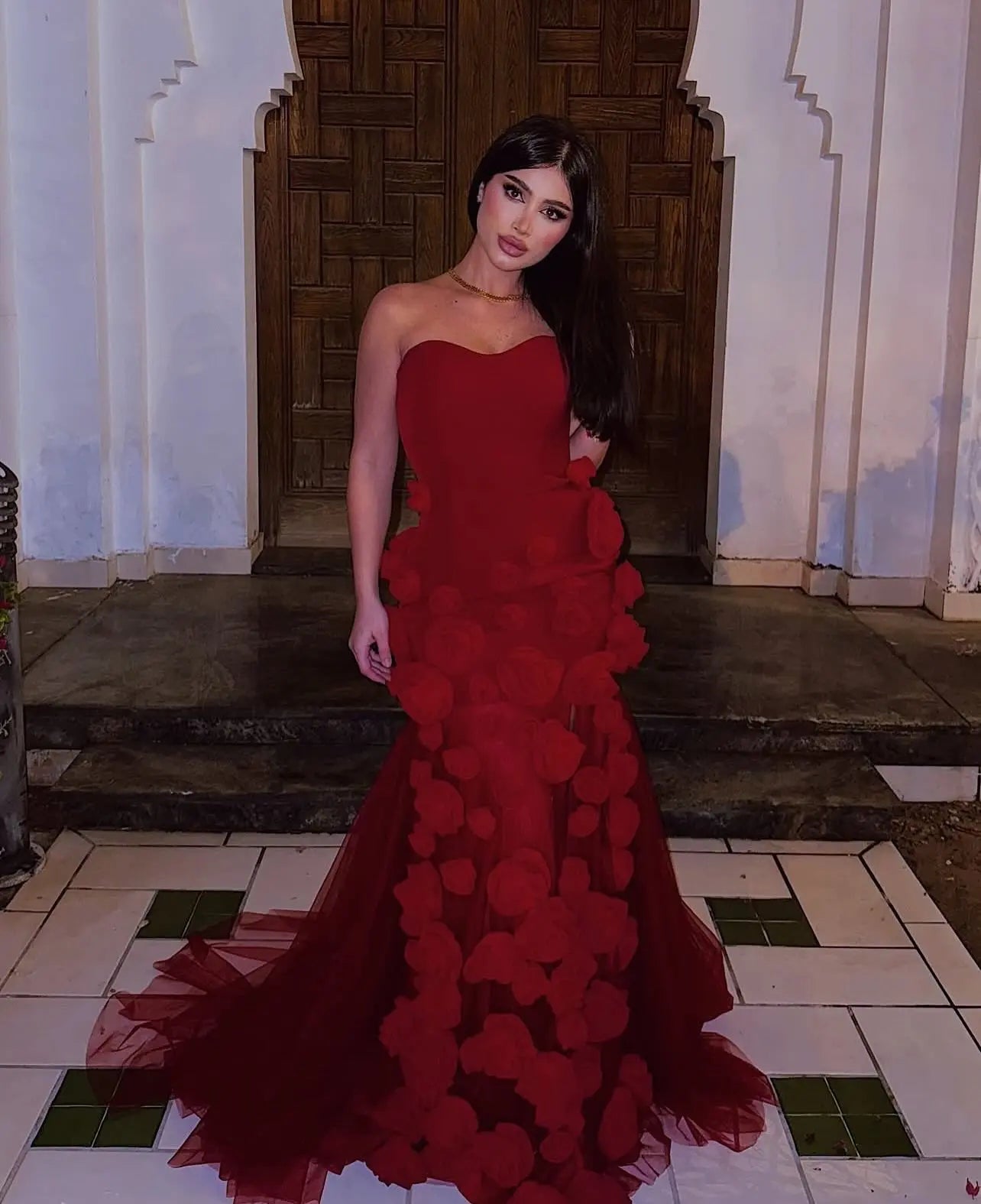 Chic Pink 3D Flowers Strapless Mermaid Evening Dress Side Slit