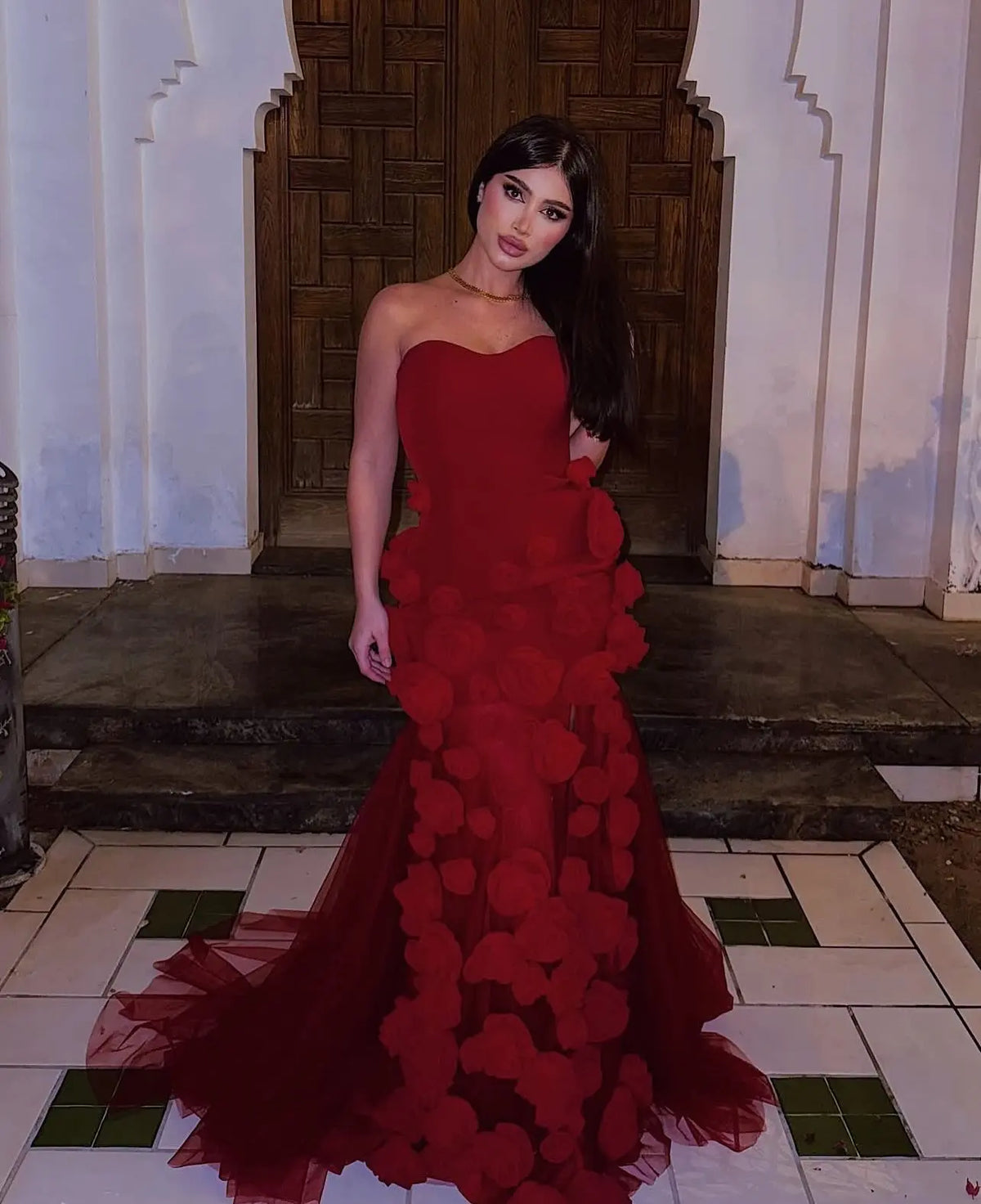 red mermaid prom dress with roses Red 3D Rosettes Mermaid Long Train Prom Dress
