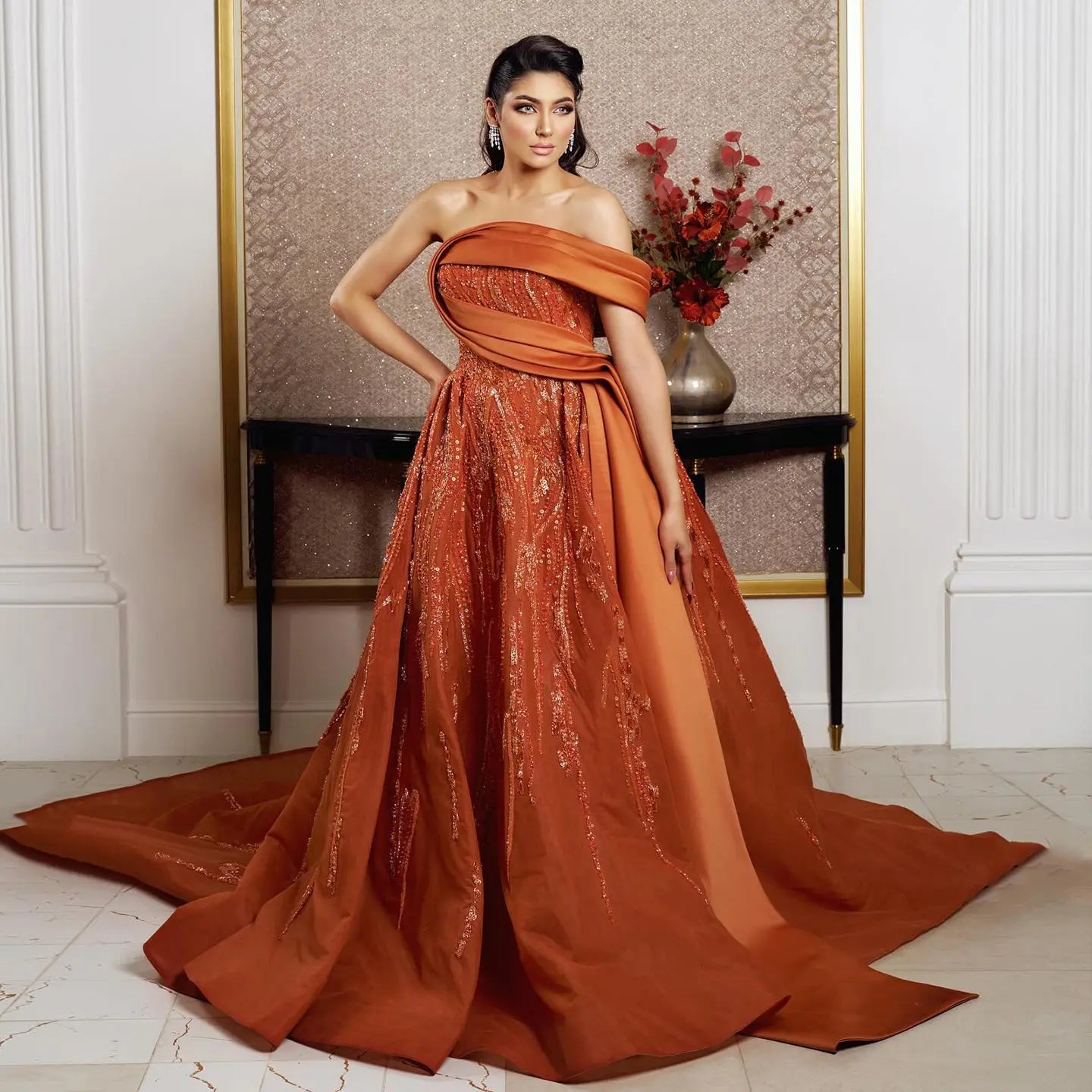 Final Sale Beaded Orange Off Shoulder Evening Dress SS571