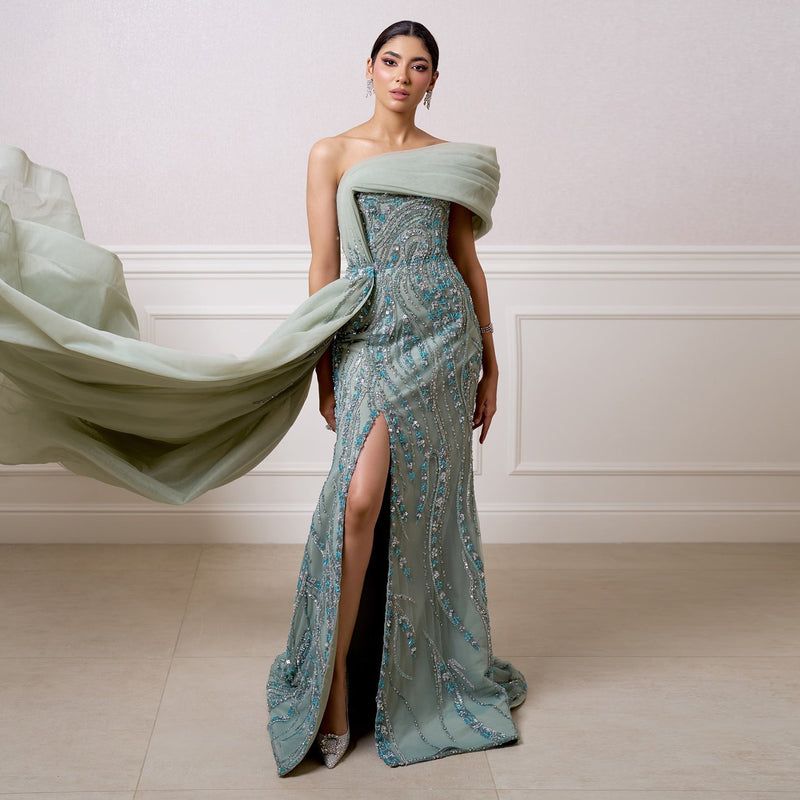 Luxury Turquoise One Shoulder Evening Dress with Overskirt SS572