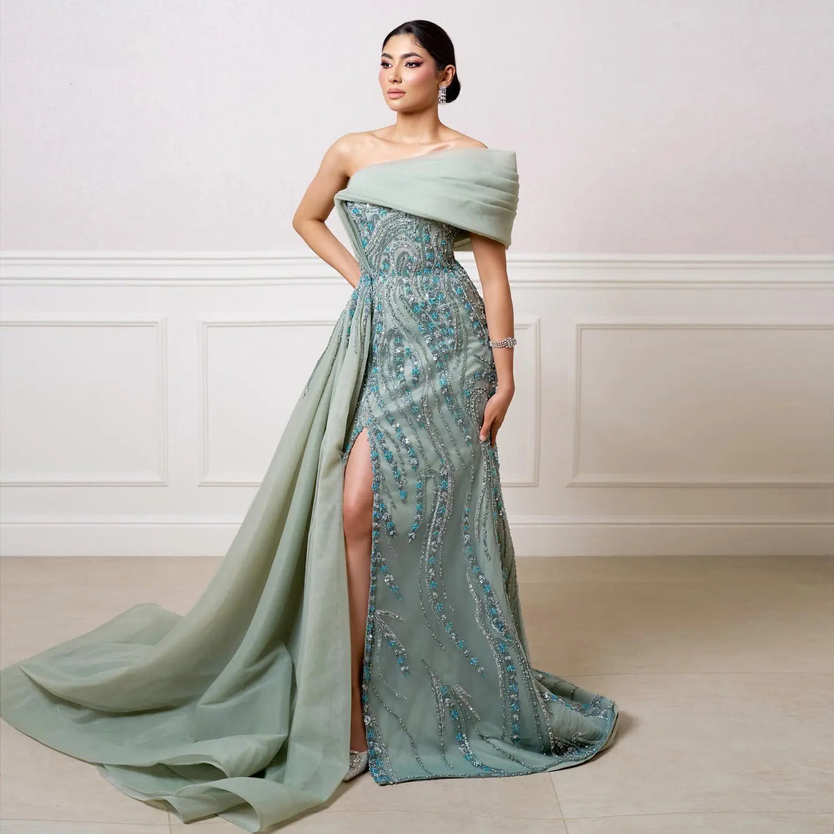 luxury one shoulder dresses Luxury One Shoulder Satin Beaded Evening Dress Emerald Green Mermaid P Frisco Dresses