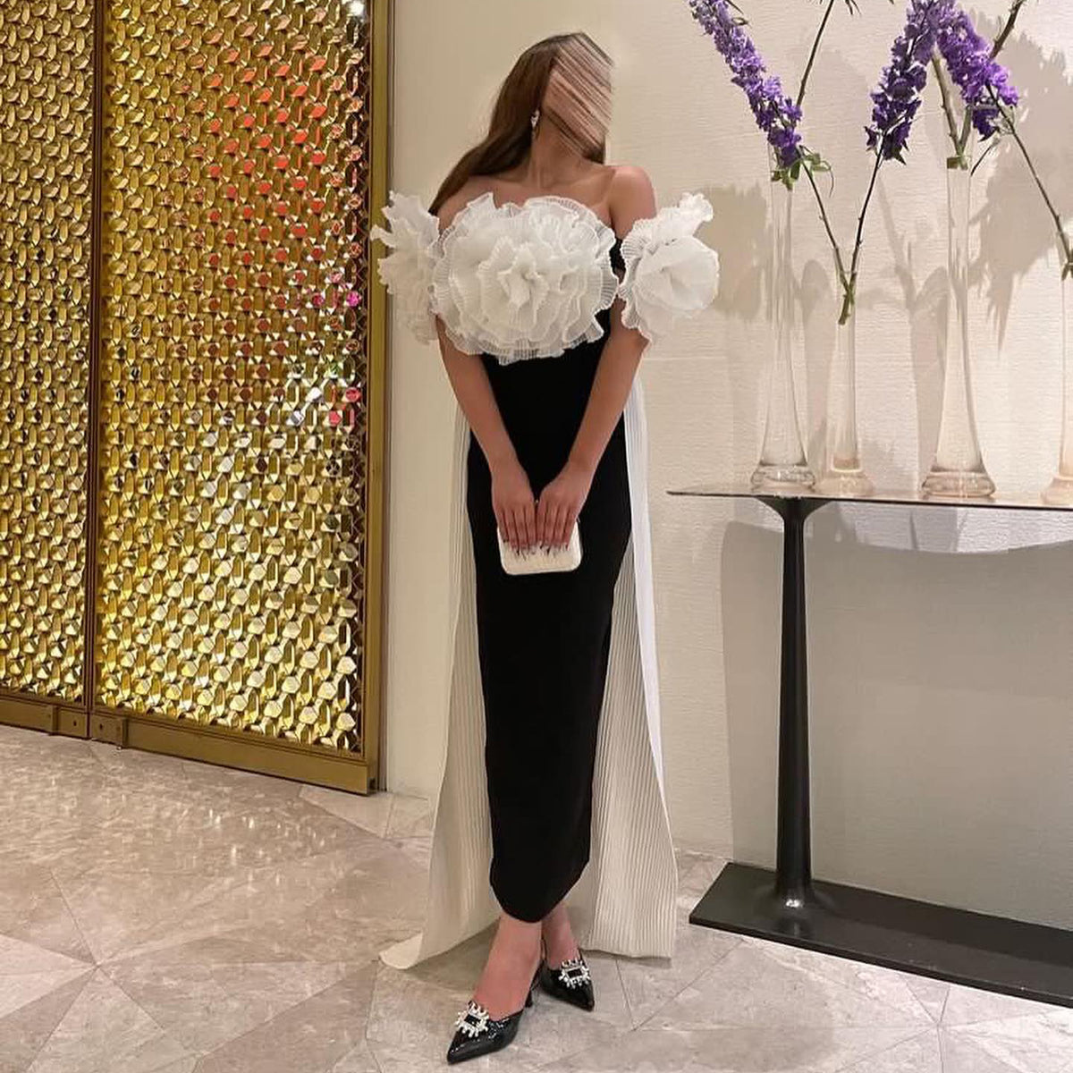 Sharon Said Elegant Black and White Mermaid Dress with Cape 3D Flowers Saudi Arabia Dubai Women Wedding Party Gowns 2024 SF018