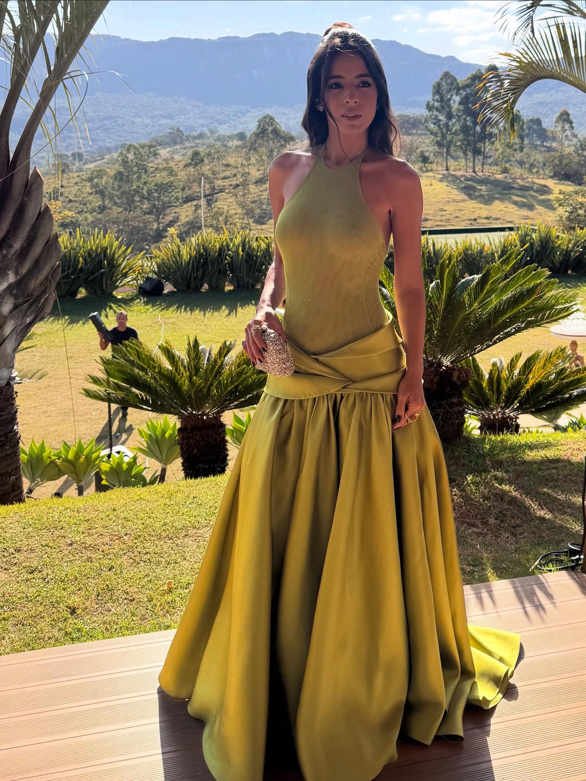 Elegant Olive Green Satin Halter Neck Ball Gown Evening Dress SF148 