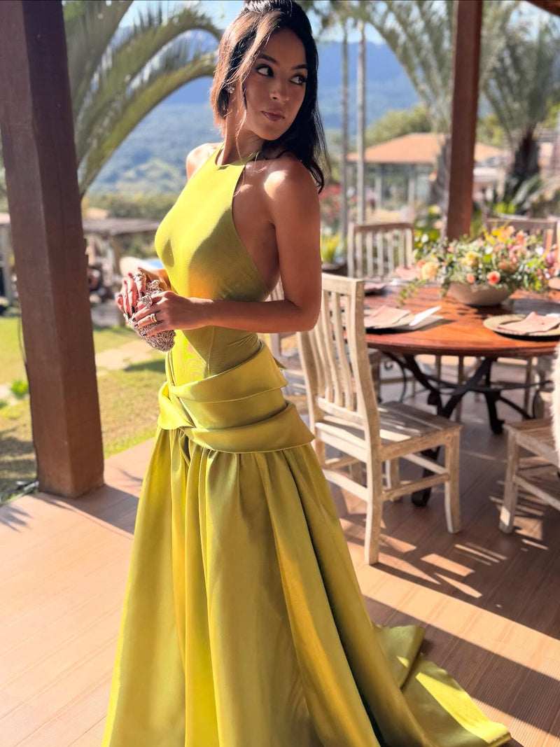 Elegant Olive Green Satin Halter Neck Ball Gown Evening Dress SF148 