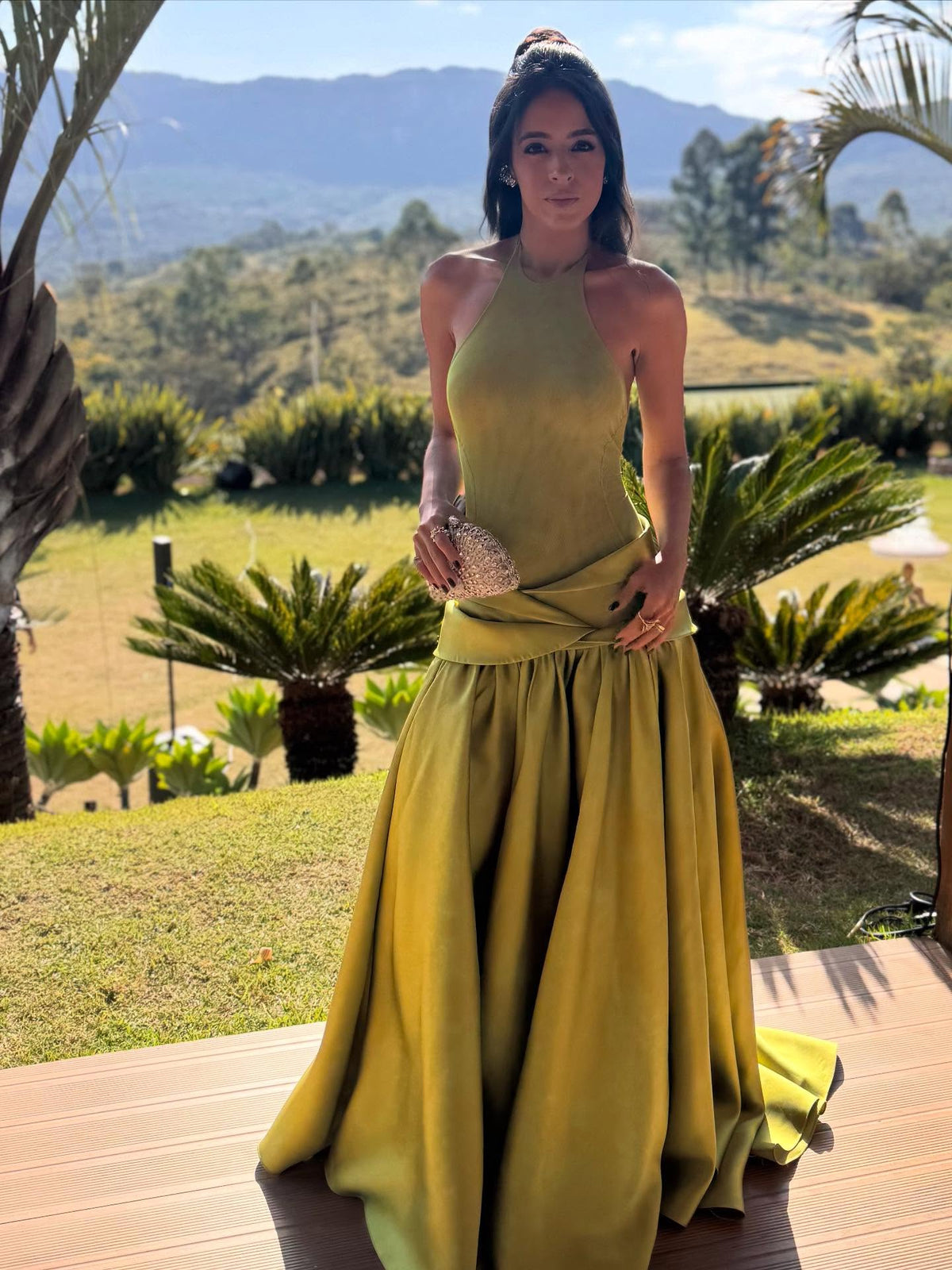 Elegant Olive Green Satin Halter Neck Ball Gown Evening Dress SF148 