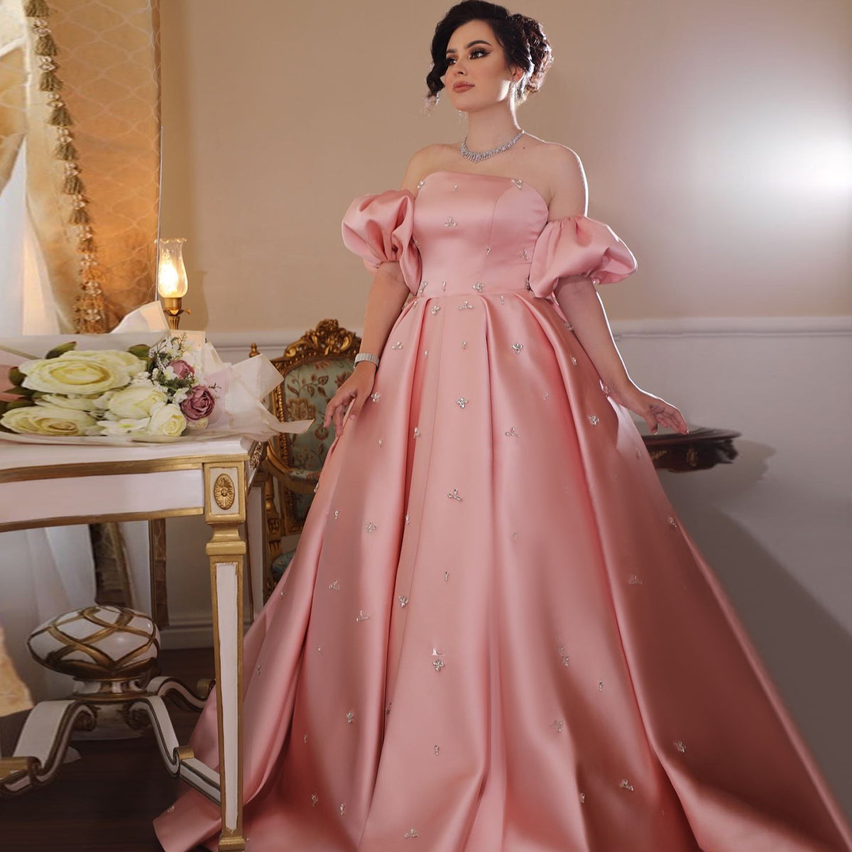 Sharon Said Arabic Women Blush Pink Satin Dubai Evening Dresses with Cap Sleeves Crystal Wedding Party Gowns SS442