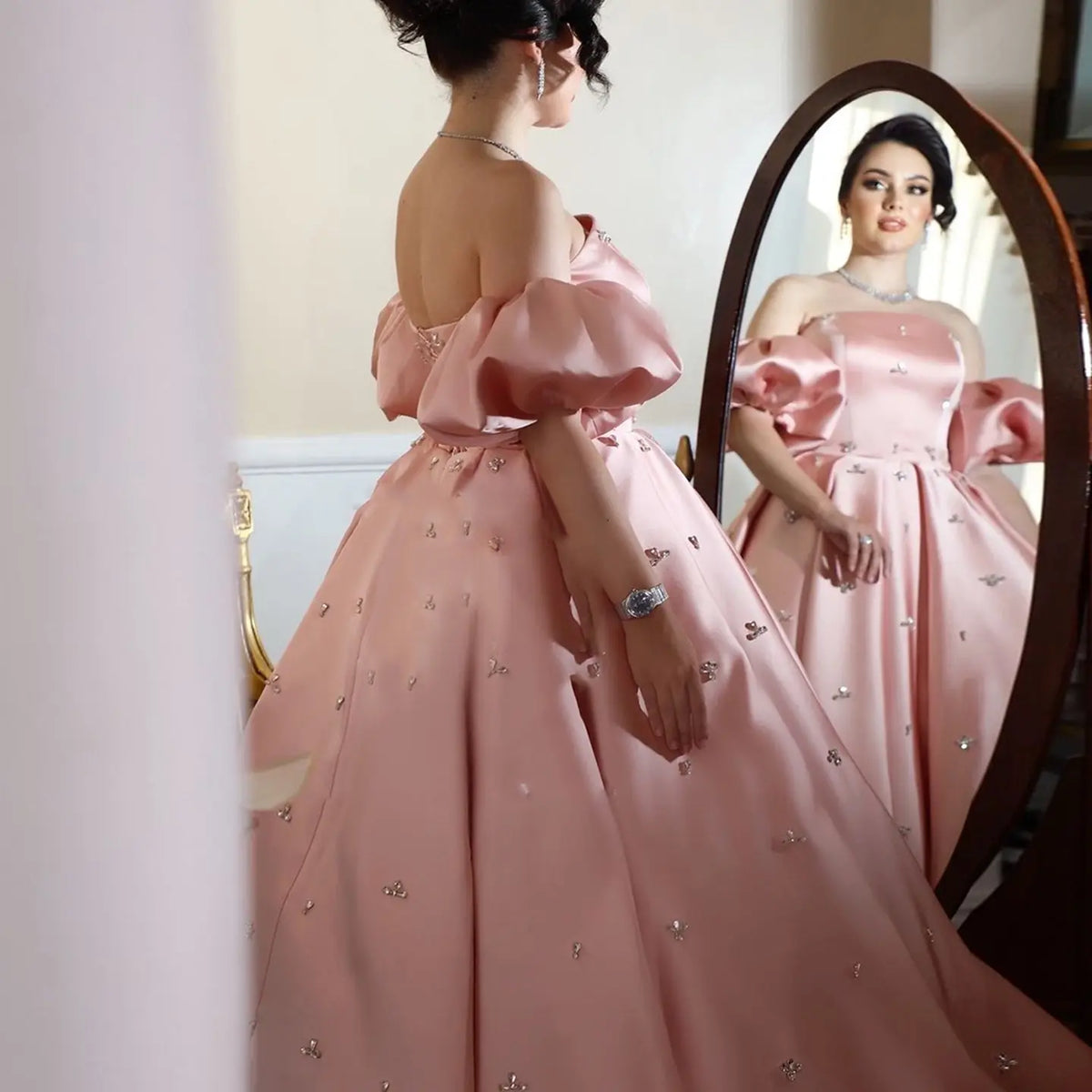 For Sale Crystal Blush Pink Satin Off-Shoulder Evening Dresses SS442 - SHARONSAID For Sale Crystal Blush Pink Satin Off-Shoulder Evening Dresses SS442 - SHARONSAID