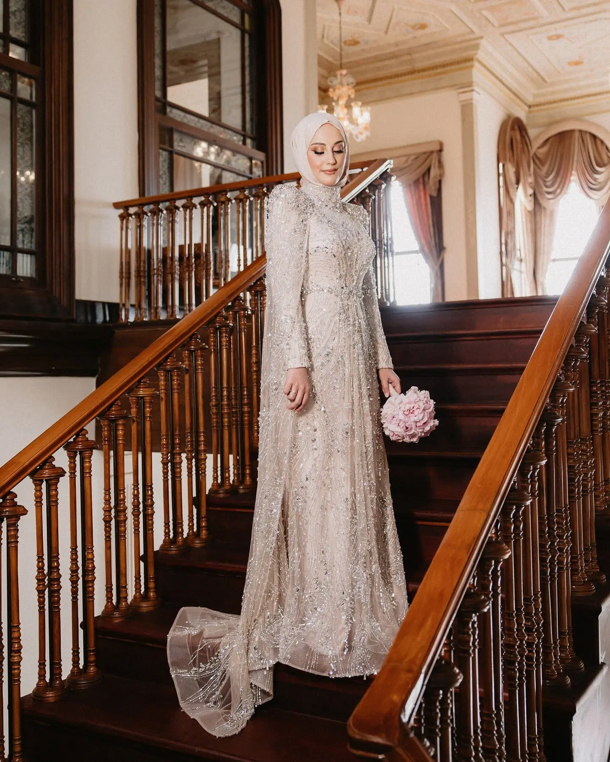 Luxury Champagne Long Sleeve High Neck Evening Dress with Cape SS366