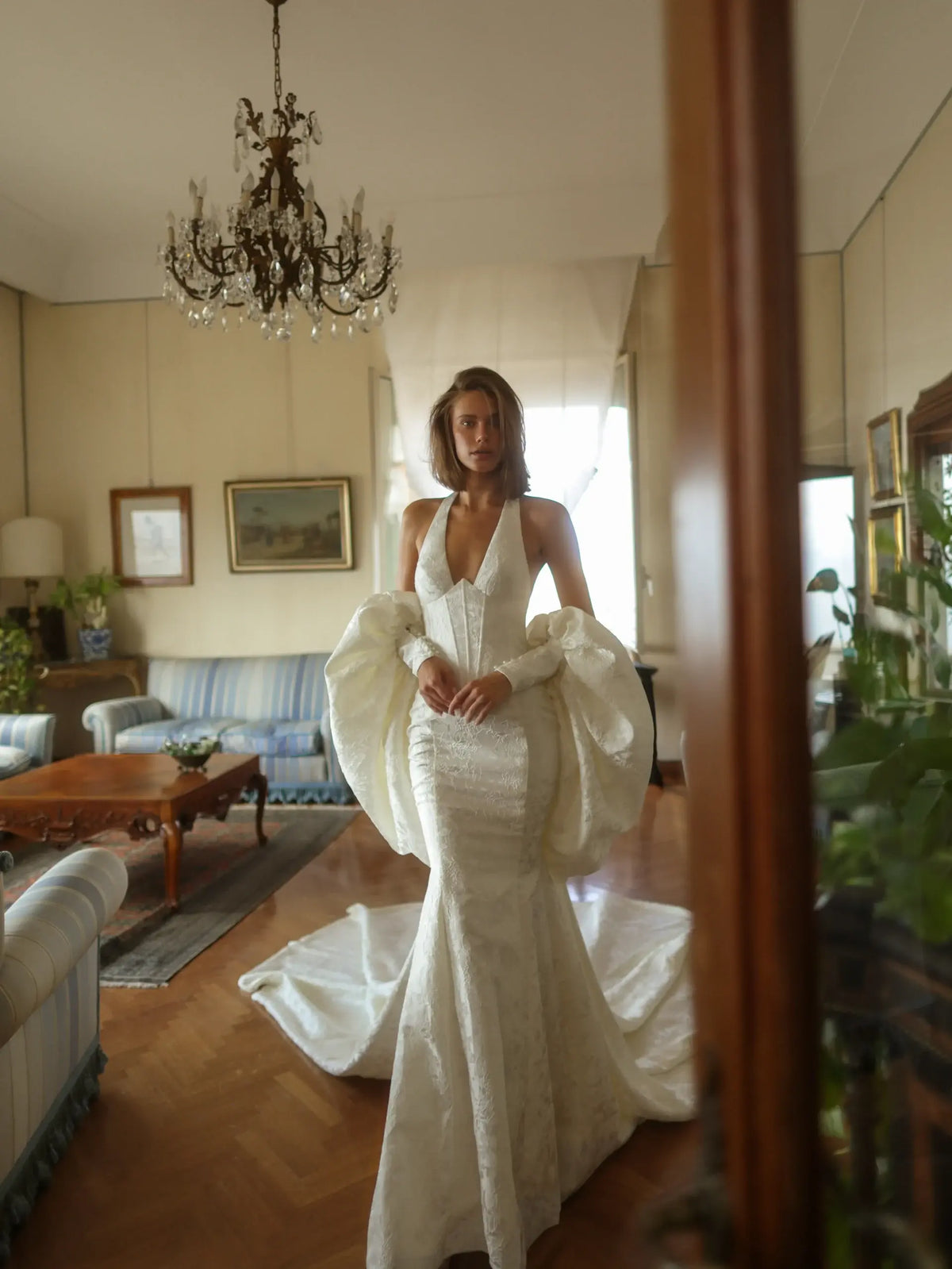 Elegant Halter Neck Puff Sleeve Mermaid Wedding Dress with Train SW188 Elegant Halter Neck Puff Sleeve Mermaid Wedding Dress with Train SW188