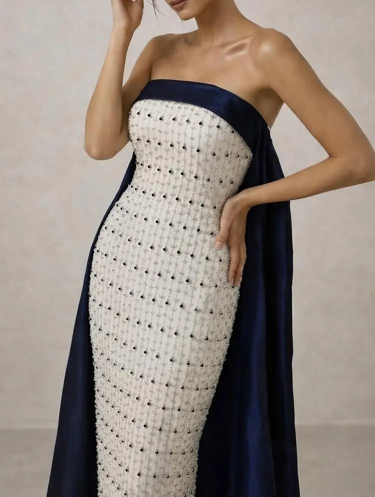 Luxury Navy Blue White Strapless Evening Dress SS422 